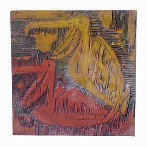 Plato de pelícanos tallado de madera, años 70