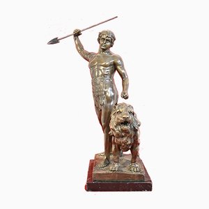 Guerrier 19ème Siècle en Bronze avec Lance et Lion de Antoine Louis Barye