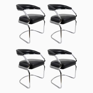 Italian Leather and Chrome-Plated Metal Dining Chairs, 1970s, Set of 4