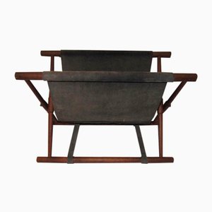 Danish Leather and Teak Newspaper Rack, 1960s