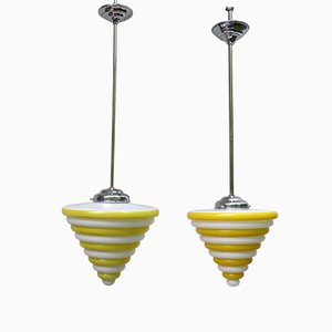 Lampade da soffitto Bauhaus vintage in vetro e metallo cromato, set di 2