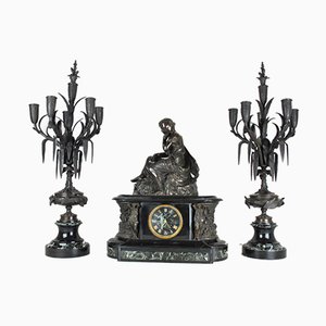 Horloge et Bougeoirs en Bronze et en Marbre 19ème Siècle par James Pradier, Set de 3