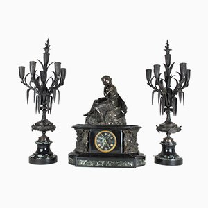 Uhr und Kerzenhalter aus Bronze & Marmor, 19. Jh. von James Pradier, 3er Set