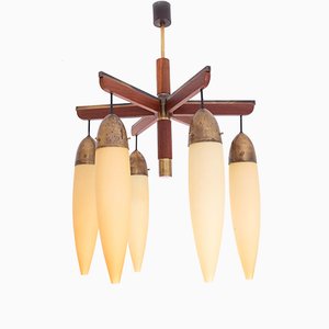 Wood, Brass, and Glass Ceiling Lamp, 1950s
