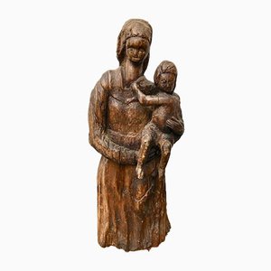 Carved Wooden Woman and Child Sculpture