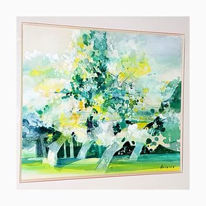 Camille Hilaire - Green Trees - Aquarelle Signée Originale 1970s