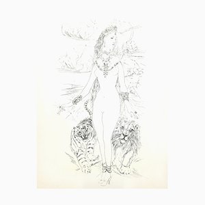 Leonard Foujita - Mujer con felinos - Original grabado