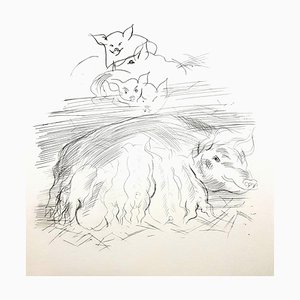 Ragh Dufy - Cerdos de granja - Grabado aguafuerte original 1940