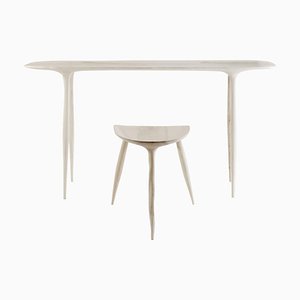 Oak Console Desk with Stool, Hand-Sculpted by Cedric Breisacher, Set of 2