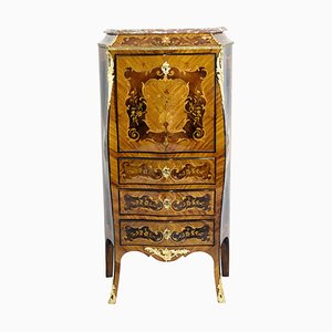 Secreter estilo Louis XV francés antiguo de palisandro y latón con tablero de mármol