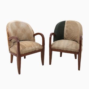 Set of French Wood and Fabric Lounge Chairs, 1950s