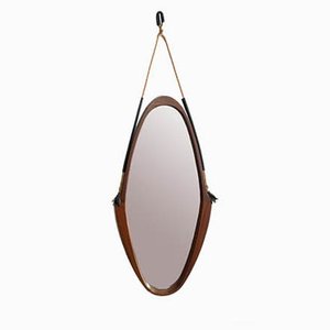 Vintage Italian Oval Teak and Leather Mirror, 1950s