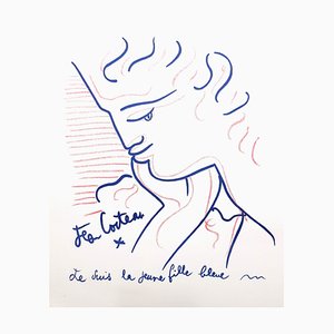 Young Girl in Blue Lithograph by Jean Cocteau, 1958