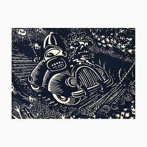 Crossing the Bridge Wood Engraving by Hervé di Rosa