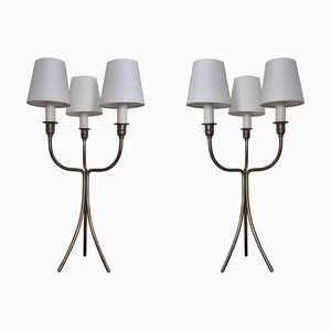 French Tripod Brass Feet Table Lamps, 1950s, Set of 2