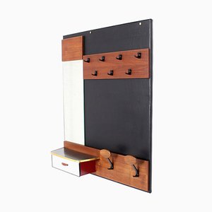 Teak wall mounted coat rack with hooks, mirror & drawer Teak wall mounted coat rack with hooks, mirror & drawer
