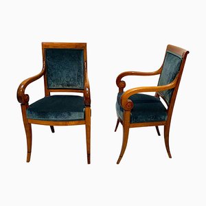 Neoclassical Armchairs in Solid Walnut & Green Velvet, France, 1830, Set of 2