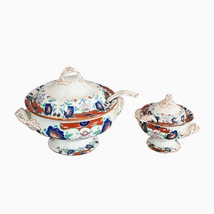 Vintage Art Deco English Ironstone Soup Tureen and Cranberry Dish Set, 1930s, Set of 2
