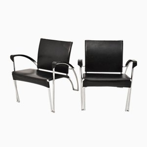 Black Leather and Chrome Armchairs, 1970s, Set of 2