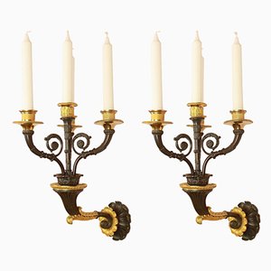 Empire Charles X Wandlampen aus vergoldeter und patinierter Bronze mit 4 Leuchten, 2er Set