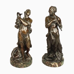 Französische Bronze-Skulpturen aus Faun und Bacchantin, 18. Jh., 2er Set