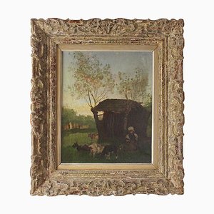 19th Century Painting School of Barbizon Rural Scene with Peasant Girl and Goats