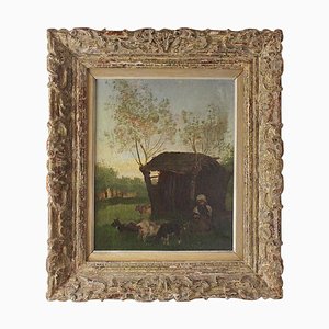 Escuela de pintura de Barbizon, siglo XIX, rural con cabra y niña campesina