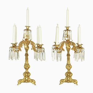 19th Century Neo-Rococo Style Gilt Bronze & Crystal Glass Candelabras, Set of 2