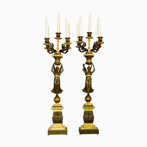 Vergoldete Empire Kerzenständer aus vergoldeter Bronze und patinierter Bronze aus dem 19. Jahrhundert, 2er Set