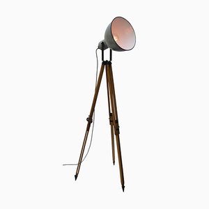 Vintage Industrial Wooden and Gray Enamel Tripod Spotlight Floor Lamp