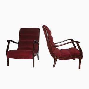 Juego de sillones italianos de terciopelo rojo y nogal de Arredamenti Corallo, años 50