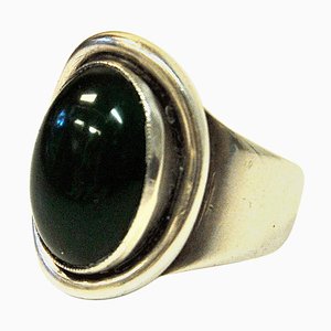 Danish Green Oval Stone Silver Ring by Carl Ove Frydensberg, 1950s