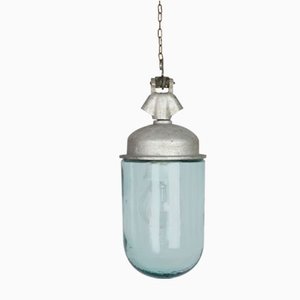 Lampade a sospensione vintage industriali in vetro blu e grigio, anni '50, set di 2