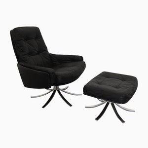 Mid-Century Leather and Tubular Chrome Lounge Chair and Ottoman Set, Set of 2