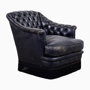 Mid-Century Chesterfield Style Black Leather Lounge Chair