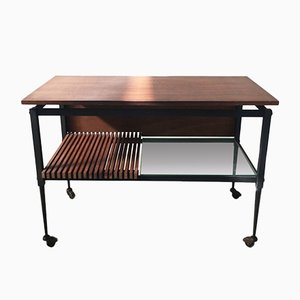 Mid-Century Black Iron Coffee Table with Clear Glass and Wooden Shelves