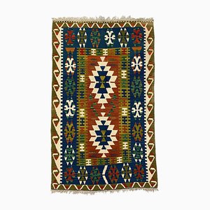 Large Vintage Turkish Blue, Red, Beige, and Green Tribal Kilim Rug, 1950s