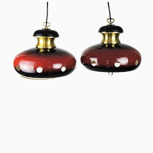 Space Age Red and Gold Pendant Lamps, 1960s, Set of 2