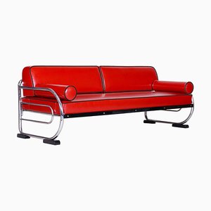 Bauhaus Red Tubular Chromed Steel Sofa by Michael Thonet for Robert Slezák, 1930s
