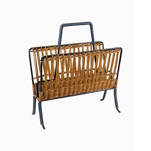 Stitched Leather and Rattan Magazine Rack by Jacques Adnet, 1950s