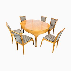 Art Deco Pearwood Dining Table and Chairs Set, Set of 7