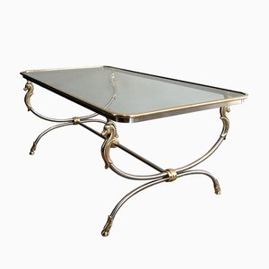 Large French Brushed Steel & Brass Coffee Table with Horse Heads & Shoes in Style of Maison Jansen, 1970s