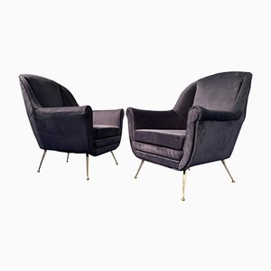 Mid-Century Midnight Blue Samtsessel im Stil von Gio Ponti, 1950er, 2er Set