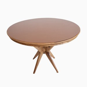 Italian Round Walnut Table with Glass Top, 1950s