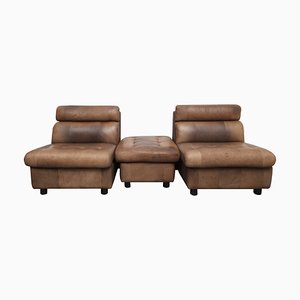 Brown Leather Patchwork Lounge Chairs and Stool, 1970s, Set of 3