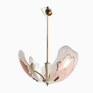 Mid-Century Pink and White Opaline Glass and Brass Ceiling Lamp Attributed to Stilnovo