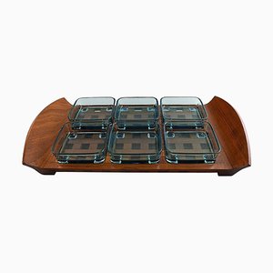 Tray in Teak with Containers in Colored Glass by Jens Harald Quistgaard, 1960s, Set of 7