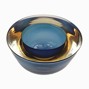 Italian Amber and Blue Murano Glass Sommerso Ashtray or Bowl by Flavio Poli, 1960s