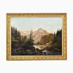 19th Century Shepherd and Flock Mountain Landscape Painting by Godchaux Emile