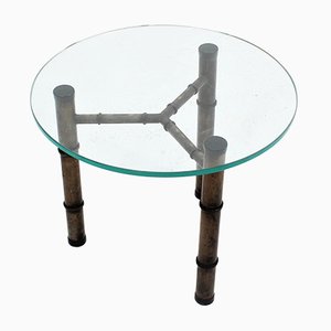 Tavolino da caffè vintage in vetro e metallo a forma di simil bambù, anni '70
